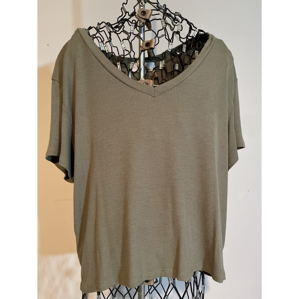 Gypsy + Jade Womens Olive Green Ribbed V-Neck Short Sleeve Top Large 5T02242
